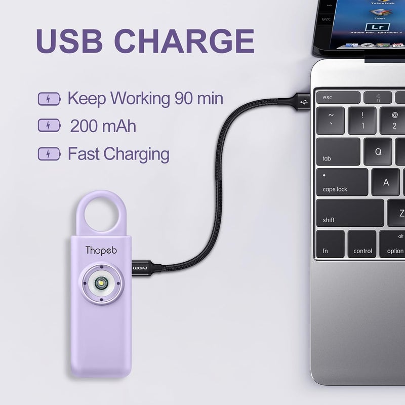 Thopeb – Personal Safety Alarm for Women–135dB Siren, Strobe Light and Rechargeable - Safety Alarm Keychain for Women (Purple) - Image 2